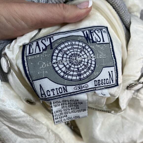 East West Vintage Puffy Ski Jacket Windbreaker Coat w/ Hood sz Large Gray Beige - Picture 14 of 14